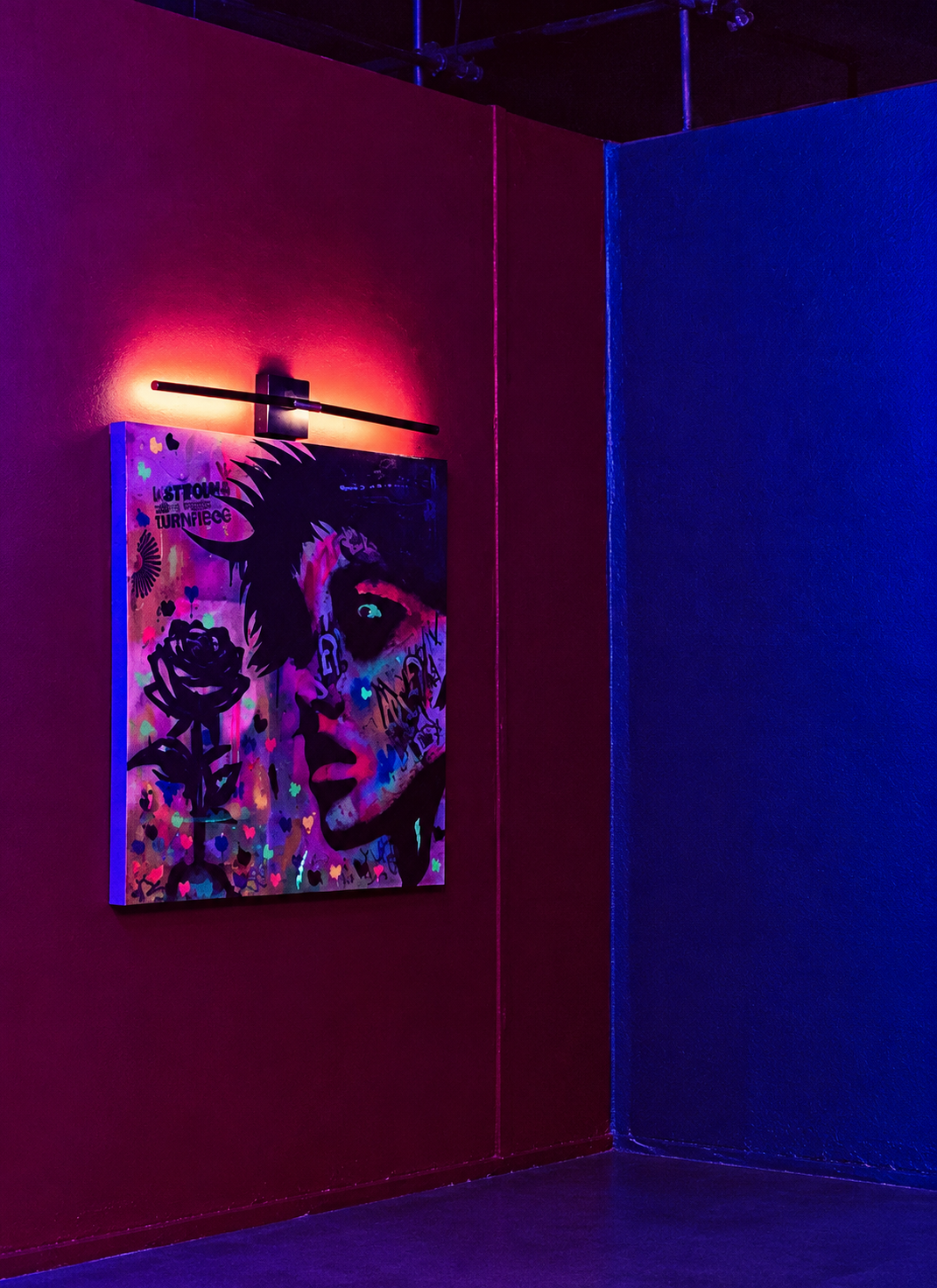 Black Coffee artwork against magenta and blue walls, retouched to remove crew