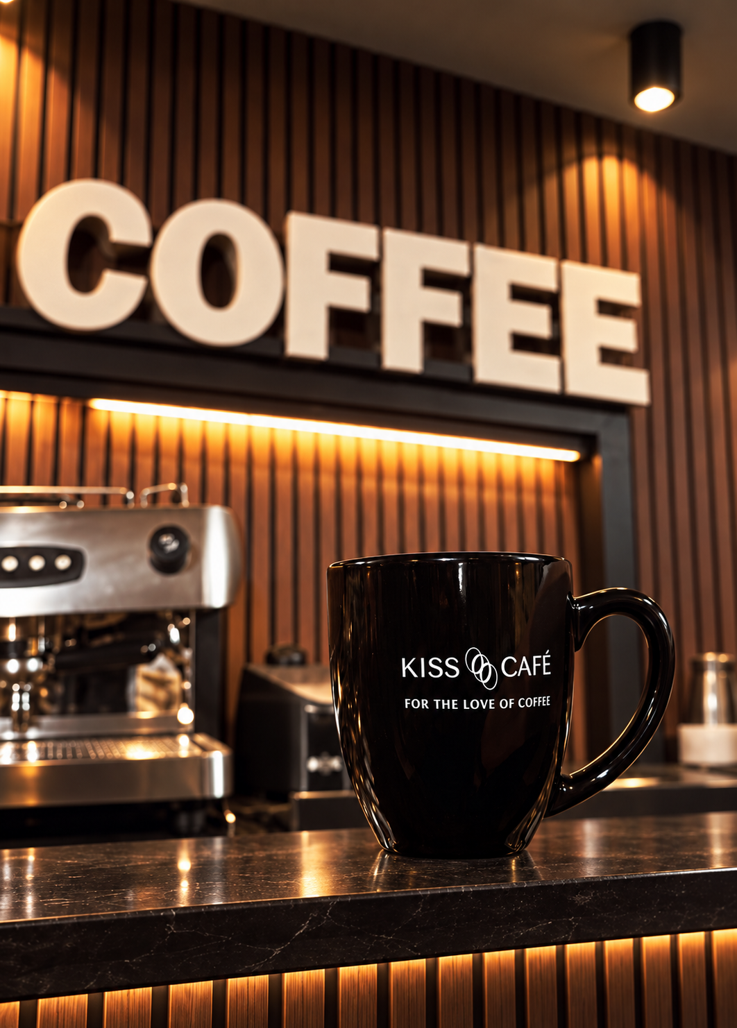 Black Coffee coffee-bar set with warm wood slats, coffee lettering and a Kiss Café mug; retouched to remove a hand