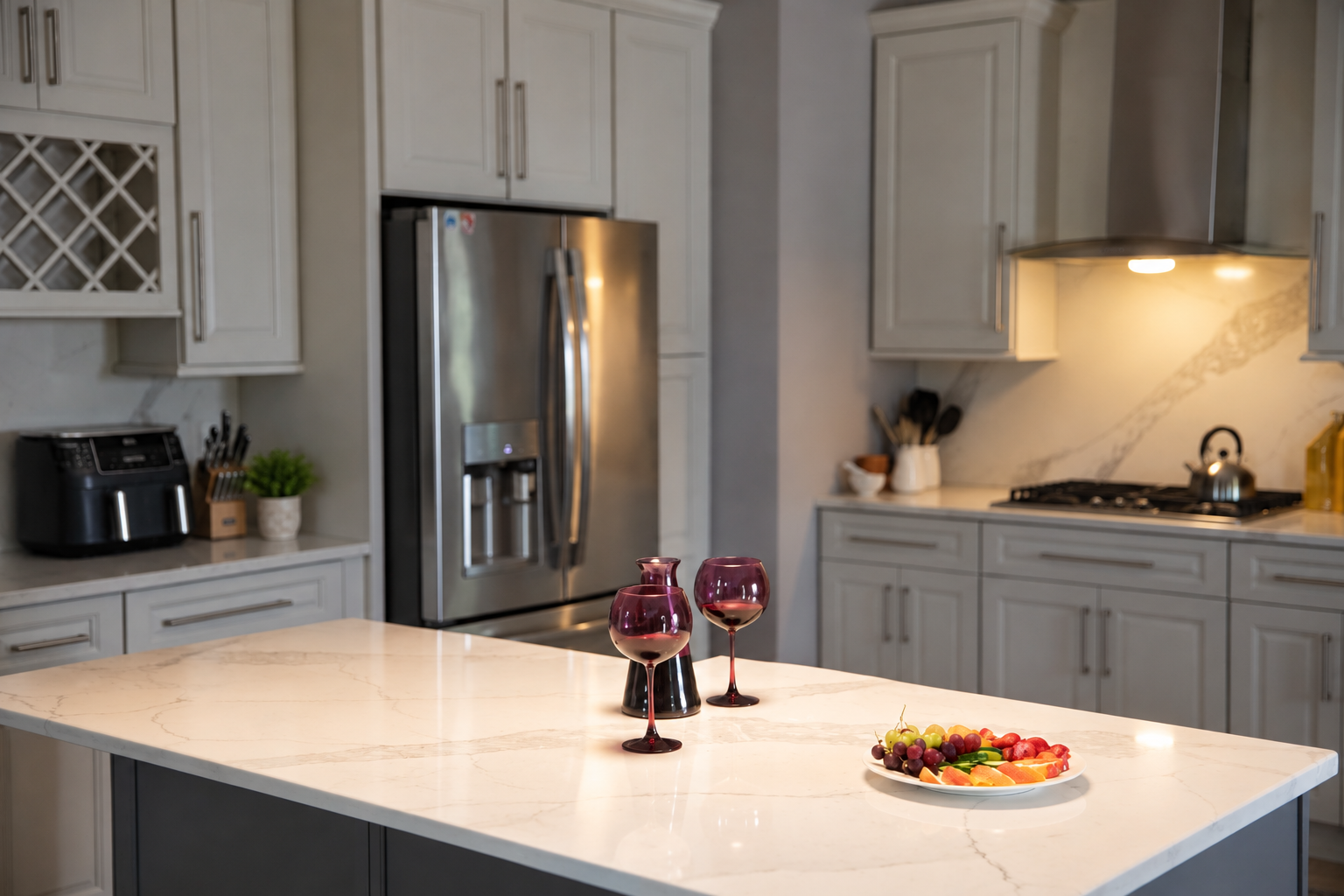 Black Coffee kitchen set with wine glasses and fruit; people removed