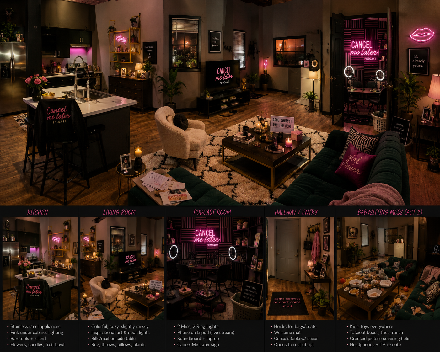 Cancel Me Later apartment and podcast concept board