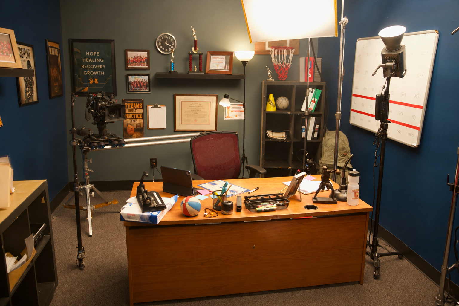 Office set with desk props, framed photographs and filming equipment; people removed
