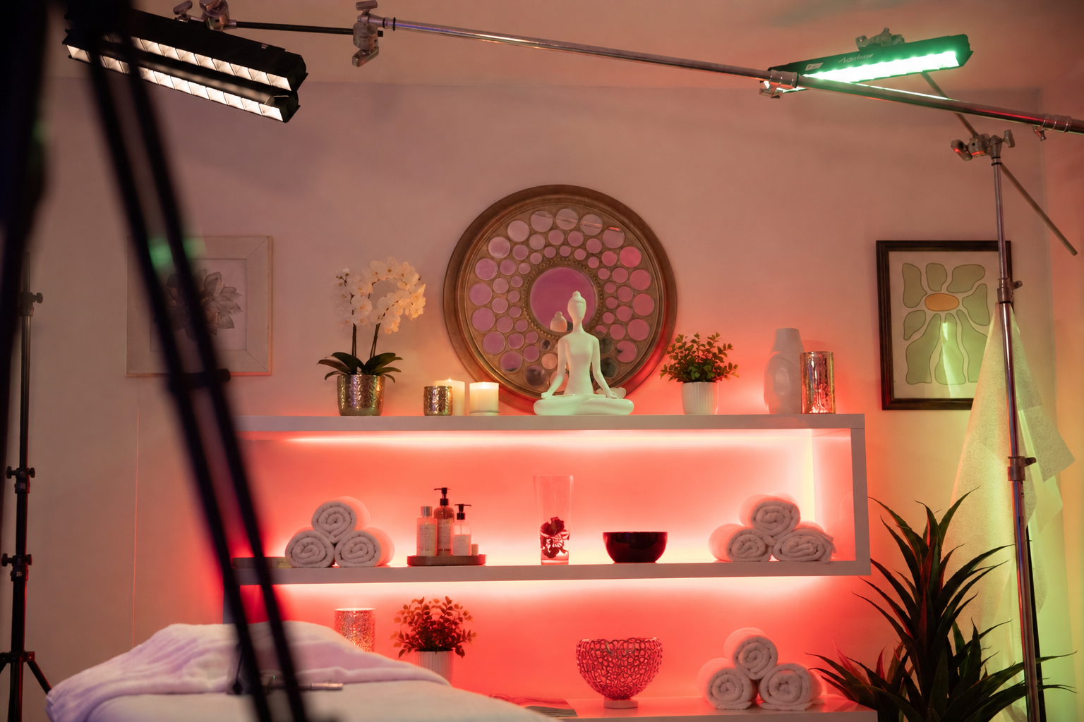Spa set with lit shelves, towels and sculptural decor; people removed